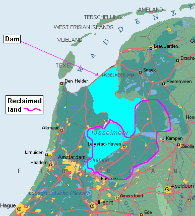 Map of Holland, showing the former Zuider Zee, now landlocked by the Ijsselmeer Dam