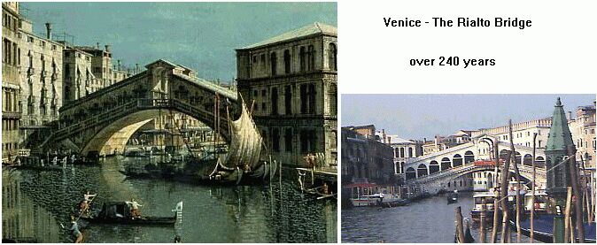 Rialto Bridge, Venice around 1770 (Canaletto) compared with the same bridge today