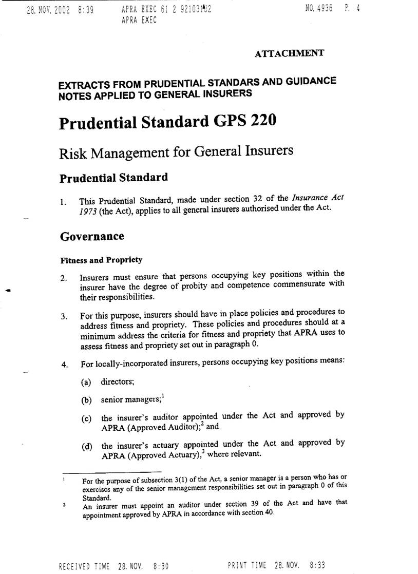 Extract from Prudential Standards and Guidance Notes Applied to General Insurers