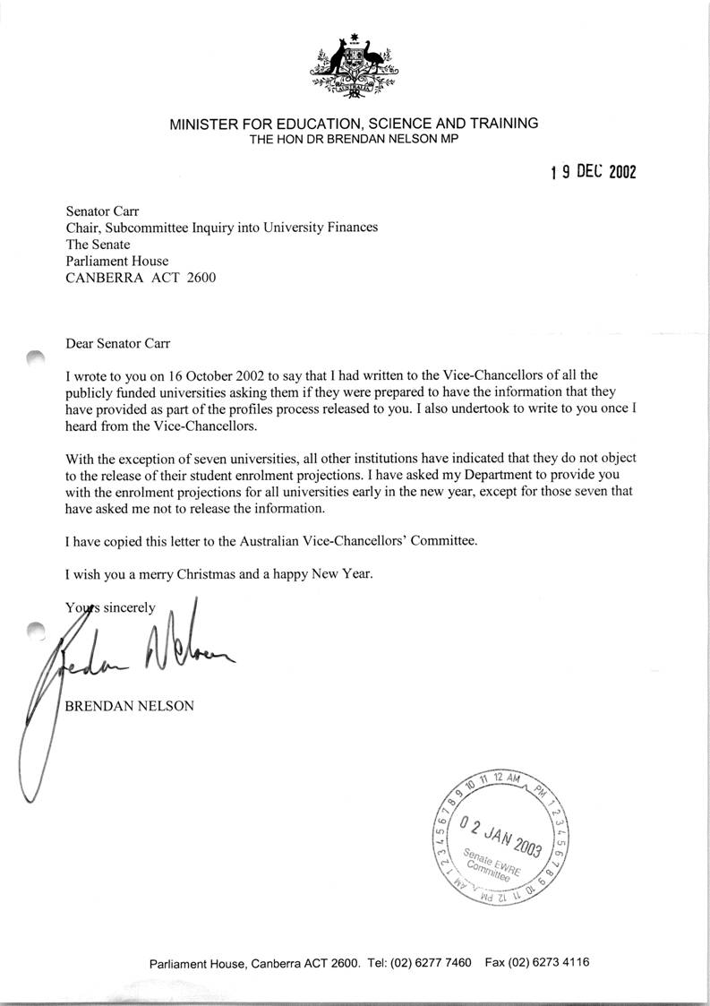 Letter from Minister Nelson to Chair of the sub-committee