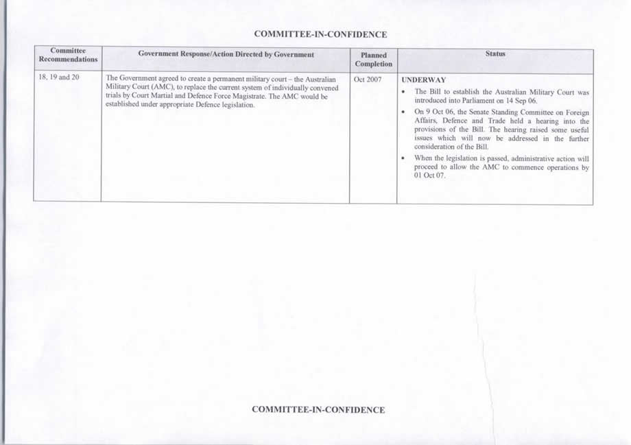 Appendix 3 - Department of Defence: Progress of enhancements to the military justice system, October 2006