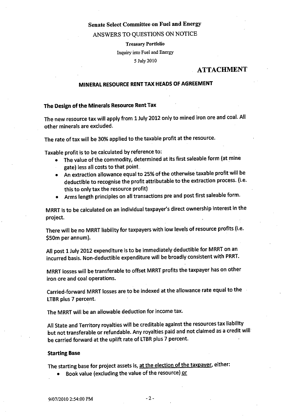 Image 2: Responses provided to the questions taken on notice at the public hearing on 5 July 2010 by the Department of the Treasury