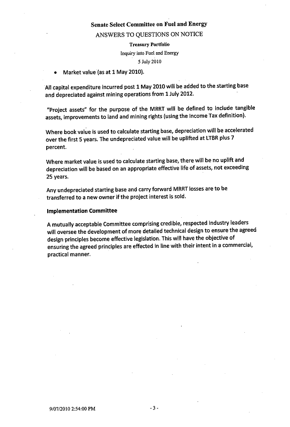 Image 3: Responses provided to the questions taken on notice at the public hearing on 5 July 2010 by the Department of the Treasury
