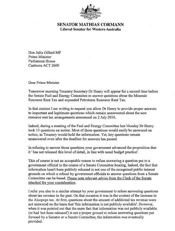 Image 1: Senator Cormann's letter to the Prime Minister dated 12 July 2010